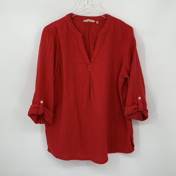 Soft Surroundings Marley gauze tunic shirt top blouse red cotton crinkle Large - Picture 1 of 4